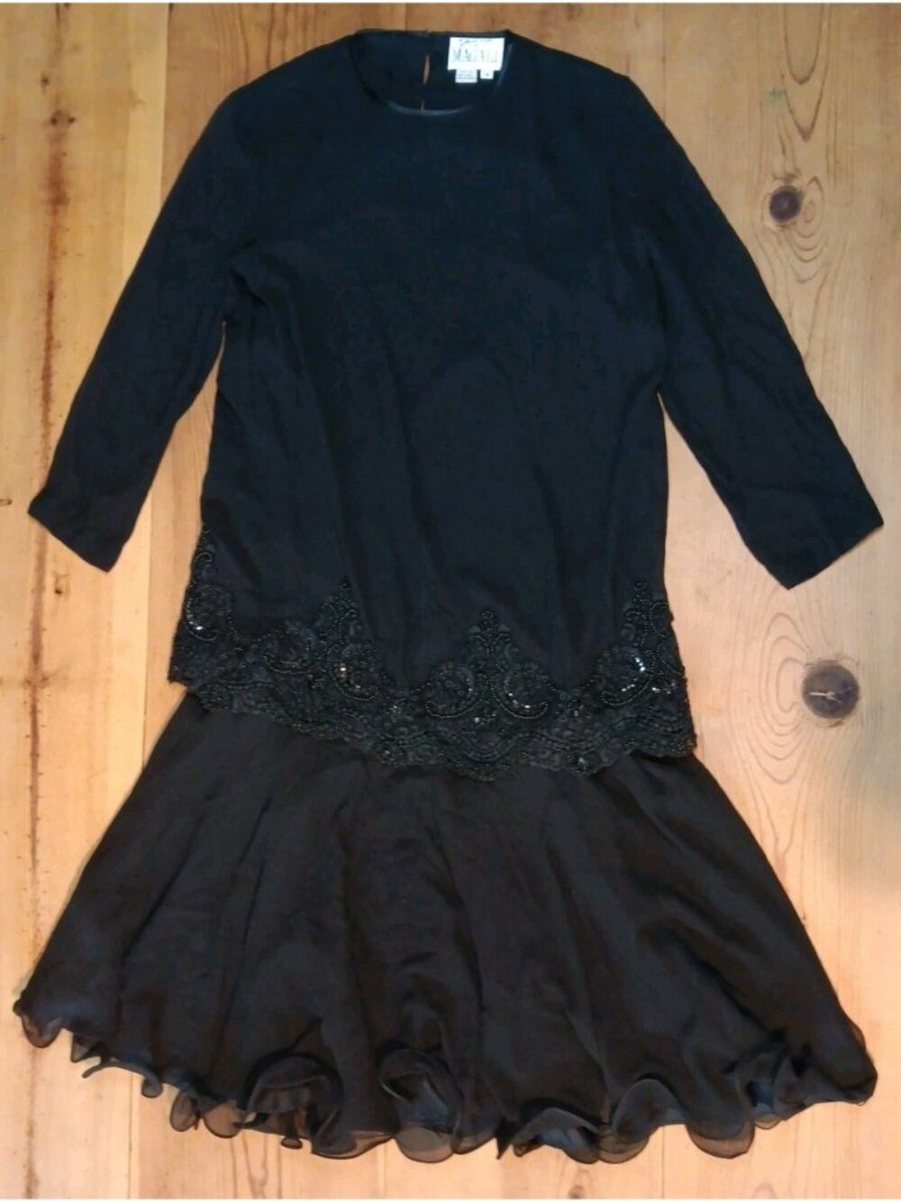 Vtg Gazzelle Ciampi Magali Evening Silk Dress Women 14  Beaded Midi Sheer Sleeve